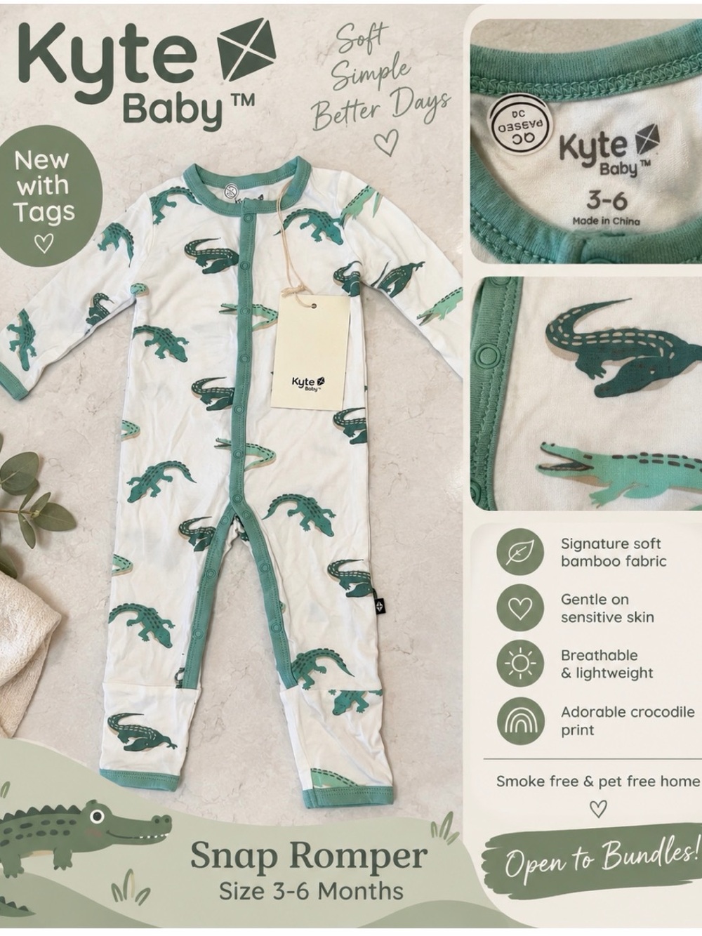 🐊 Kyte Baby Crocodile Snap Romper – 3–6M – NWT